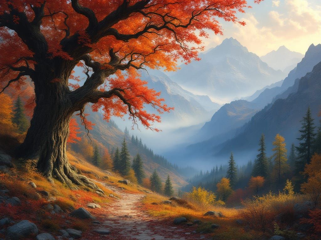Majestic Autumn Maple Frames Misty Valley and Peaks