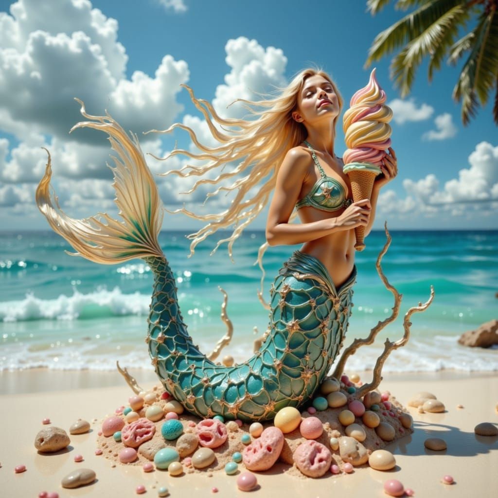 Surreal Mermaid Portrait with Ice Cream on the Beach
