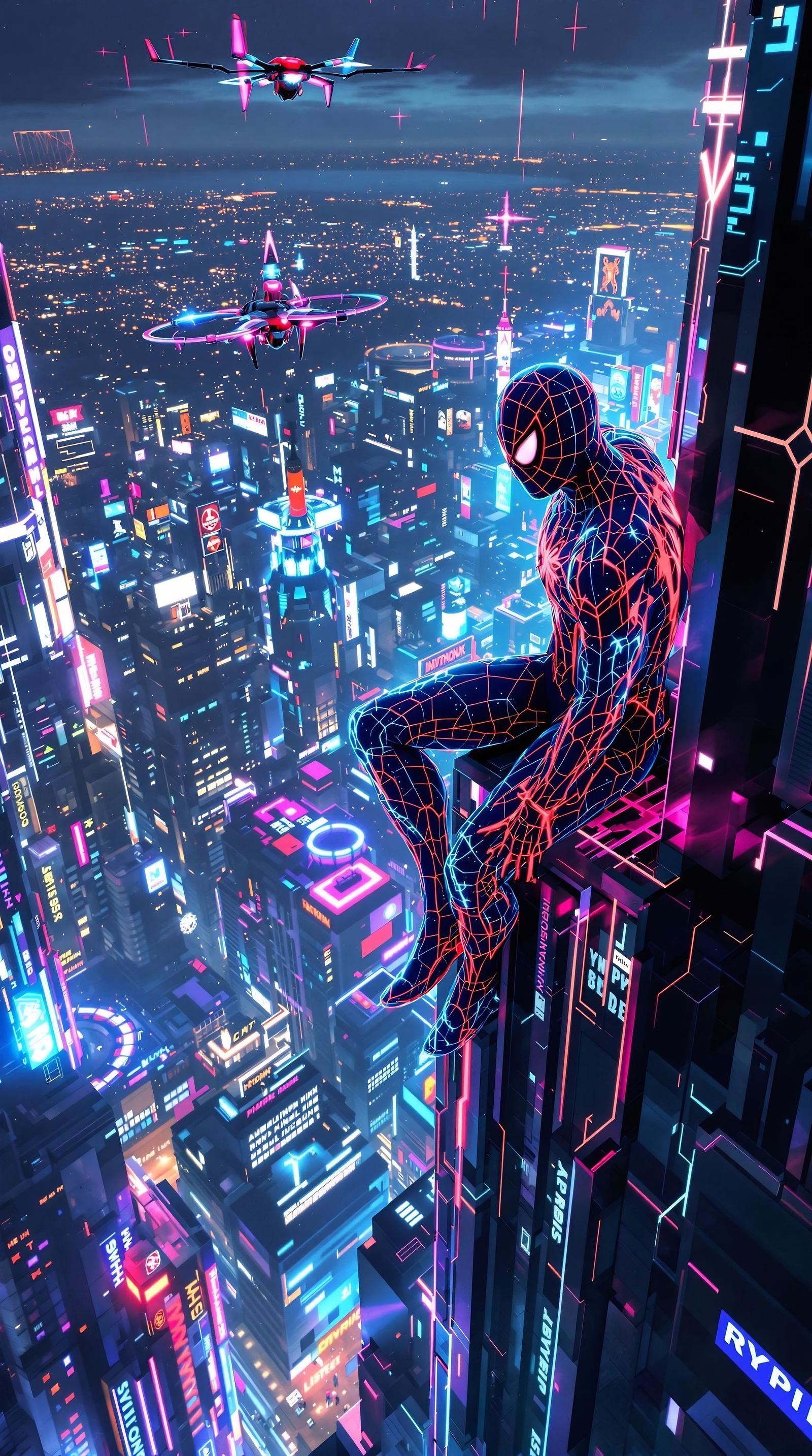 Futuristic Spider-Man on Neon Metropolis Skyscraper