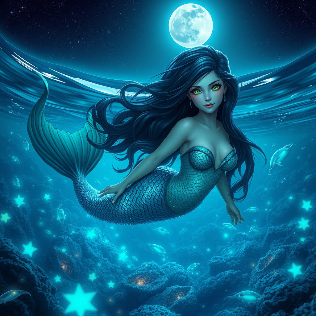 Bioluminescent Mermaid in Starry Ocean, Dreamlike Concept Ar...