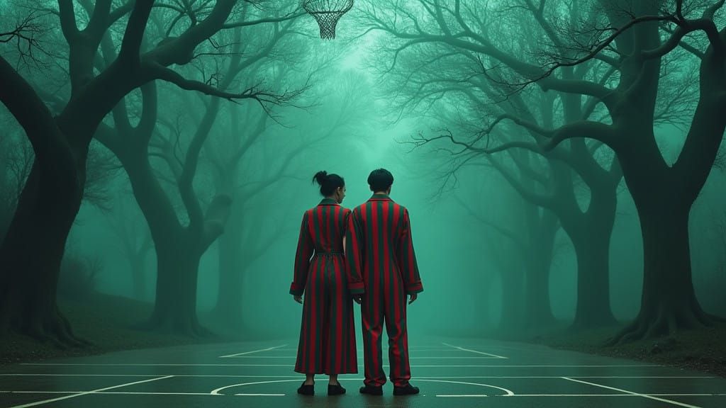 Ethereal Couple Embracing Retro Futurism on a Mystical Baske...