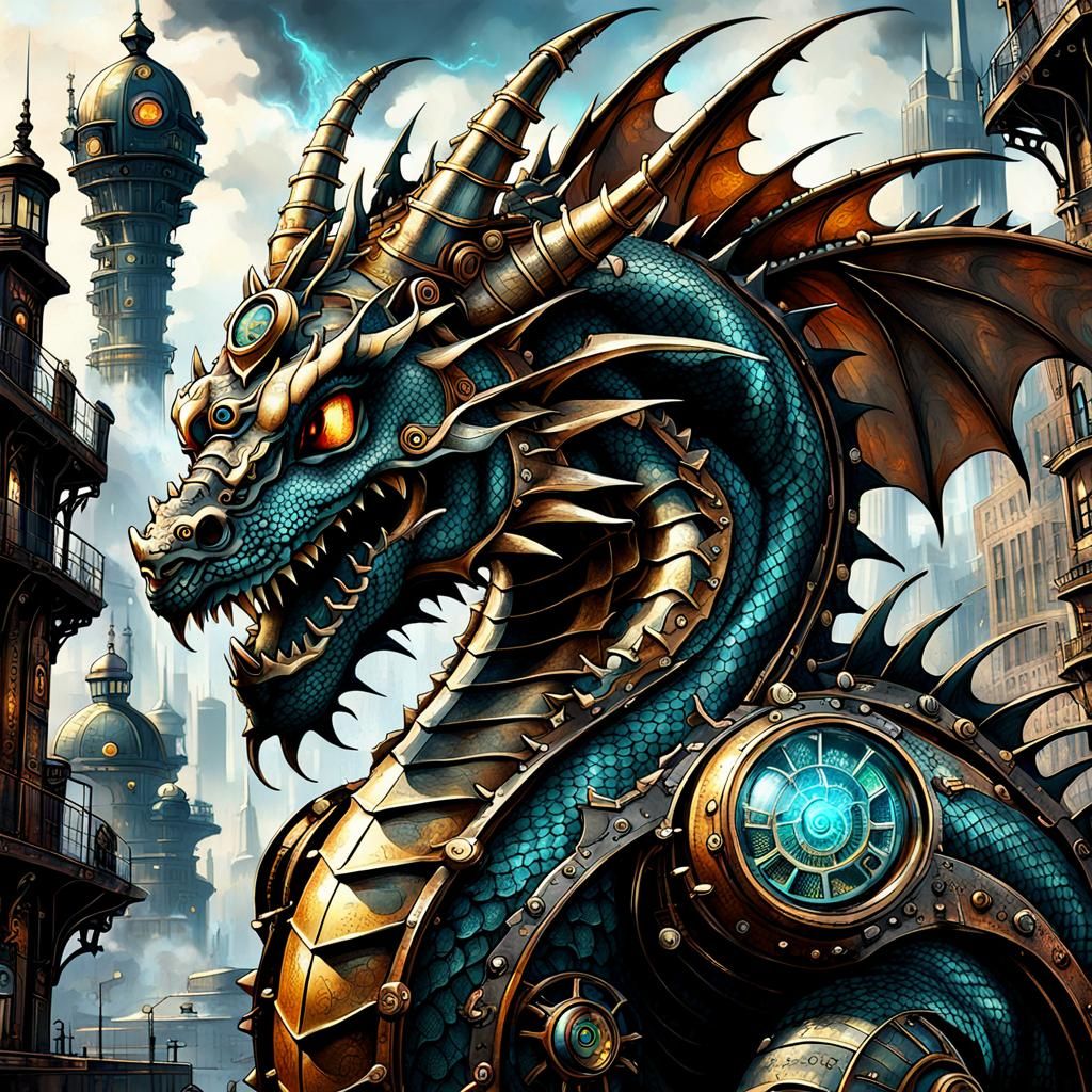 Steampunk Dragon in Futuristic City: Digital Masterpiece