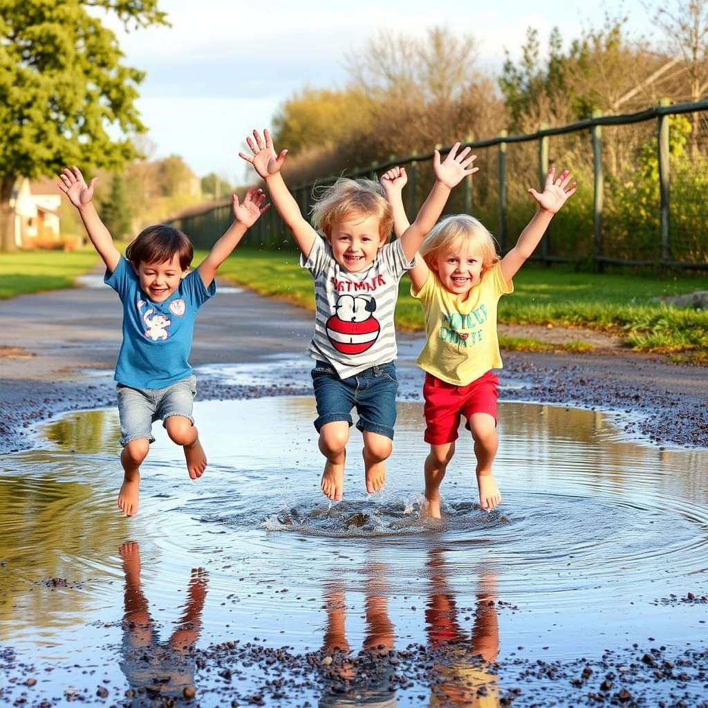 The Little Rascals Jumping in Puddles with Joy