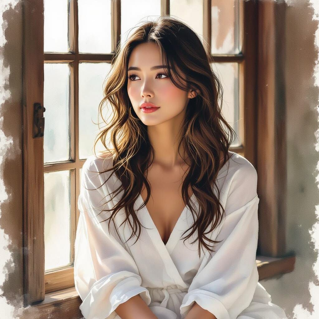 Contemplative Woman Portrait in Soft Watercolor Style