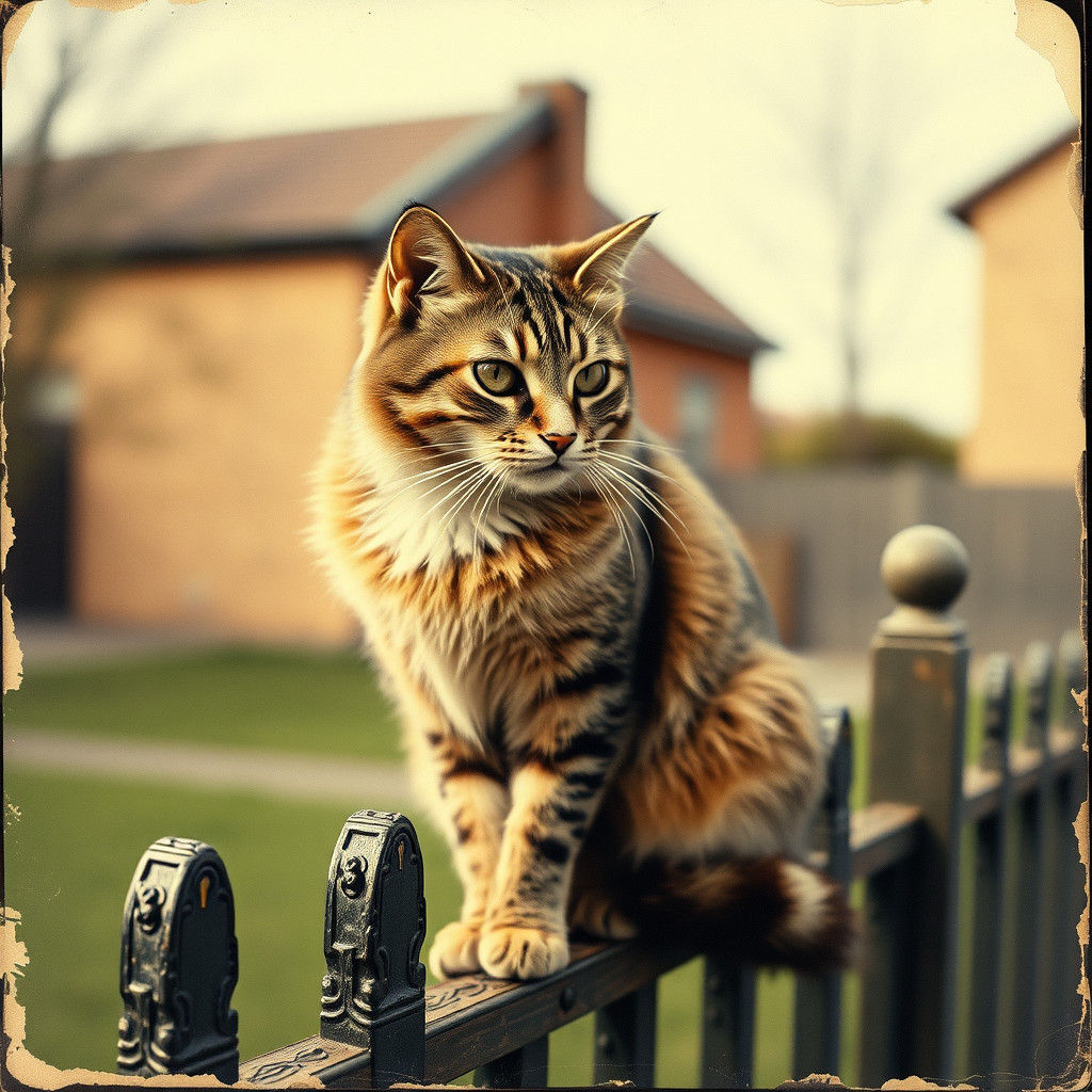 Cat on Fence in Vintage Postcard Style