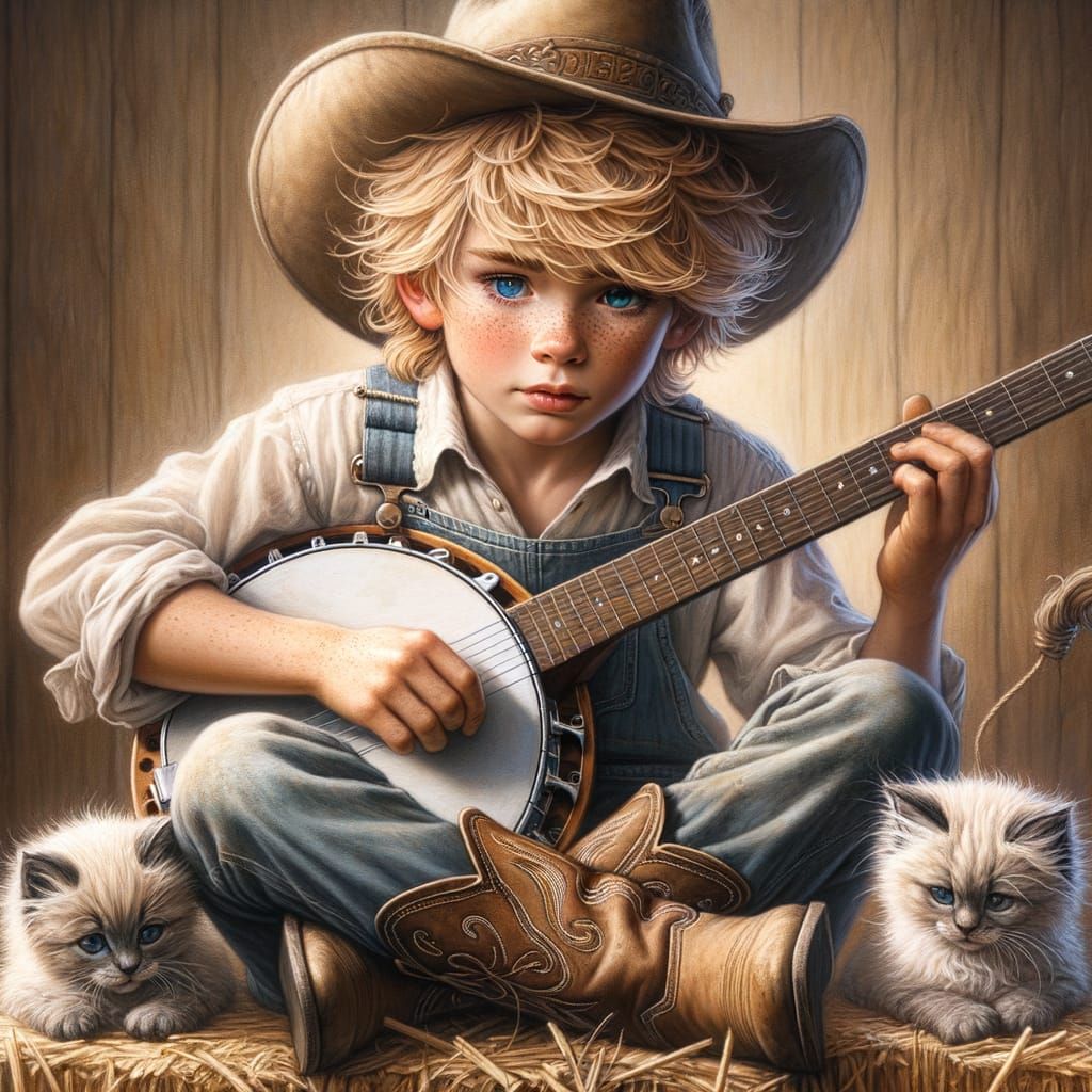 Boy with Banjo in Barn, Acrylic and Oil Style