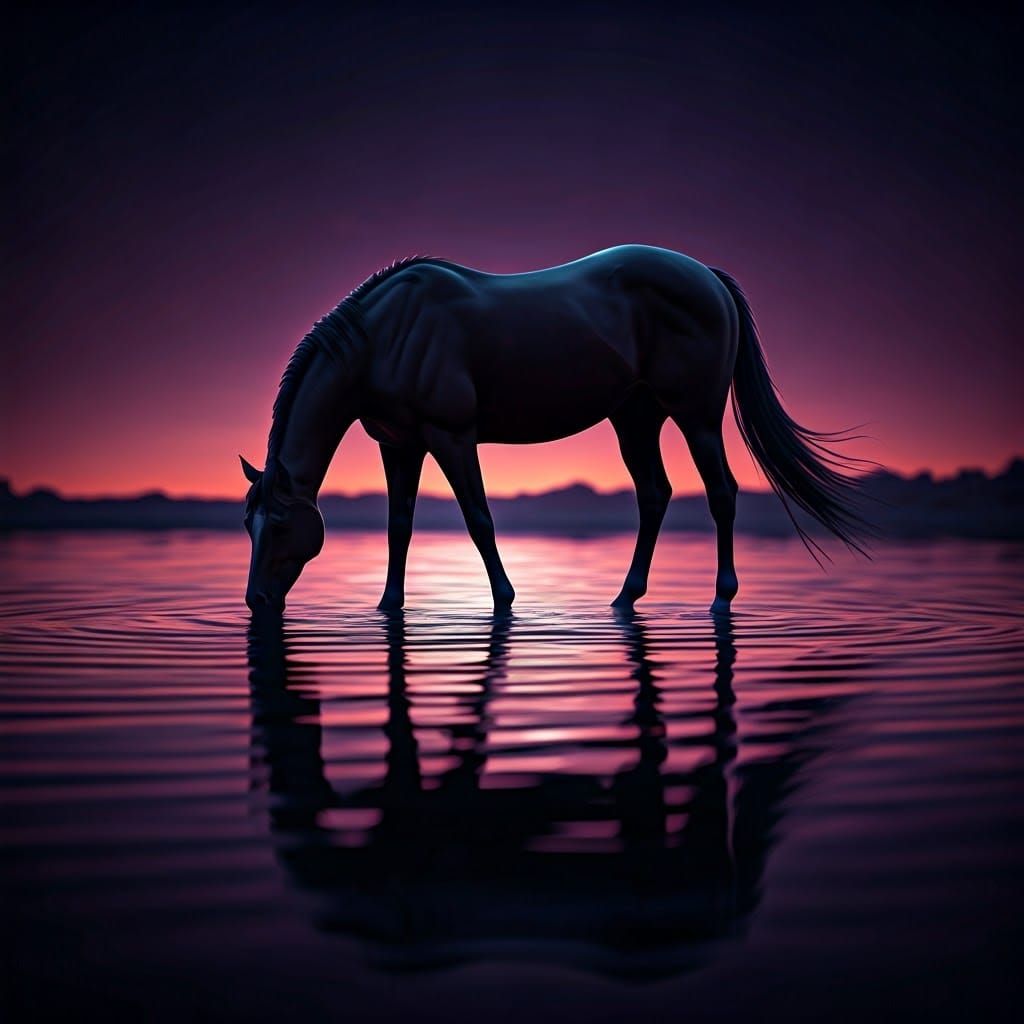 Hyperrealistic Horse Silhouette at Purple River