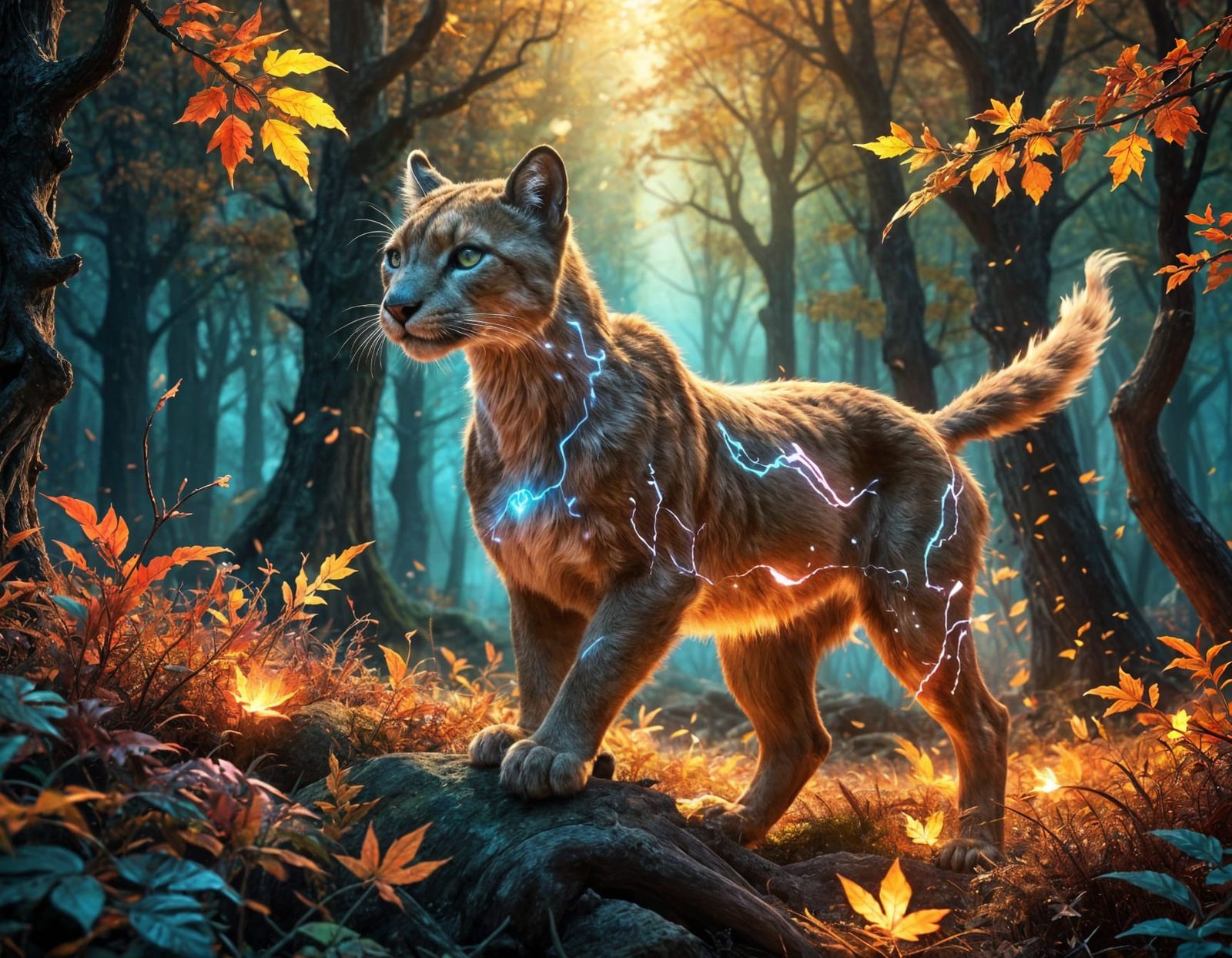 Fiery Plasma Puma Chasing Autumn Deer in Magic Forest