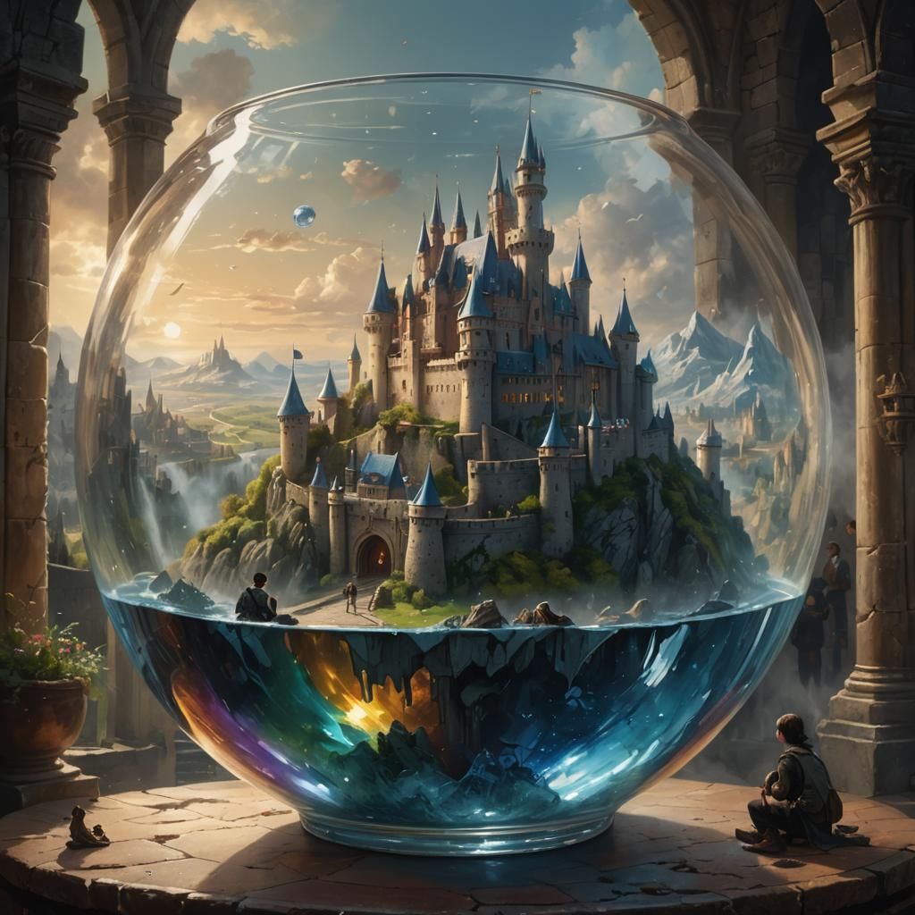 Dimensional Castle in Glass Bowl: Hyperrealistic Concept Art