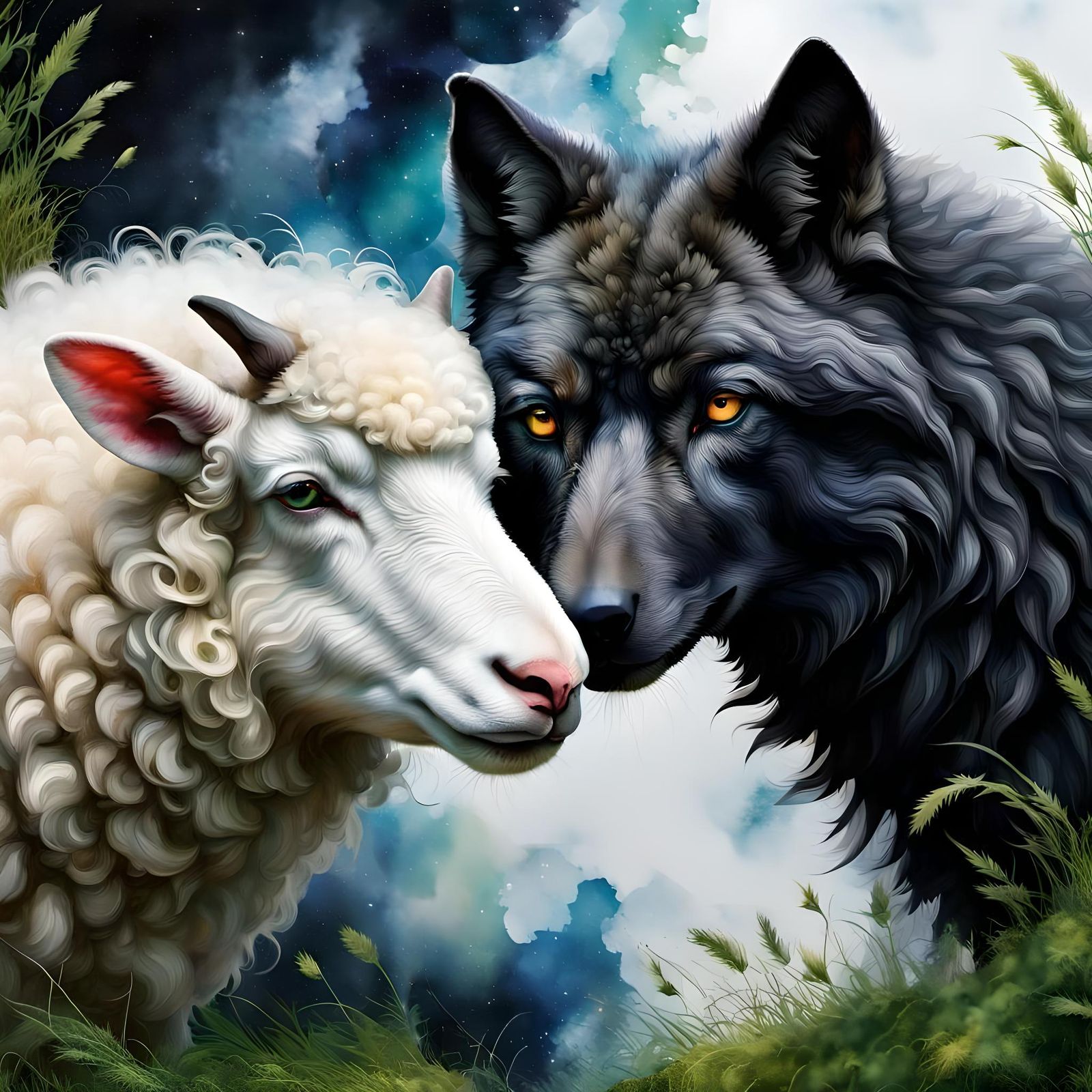 White Sheep and Black Wolf Huddle Together