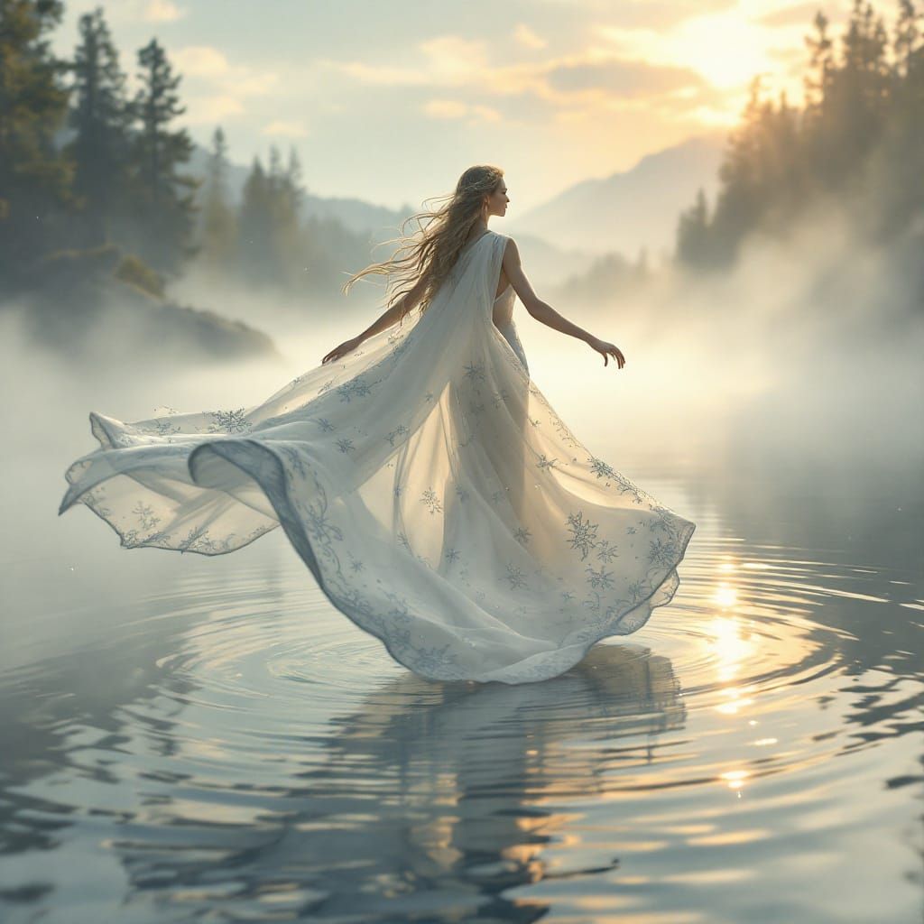 Freya Flies Over Misty Lake at Dawn