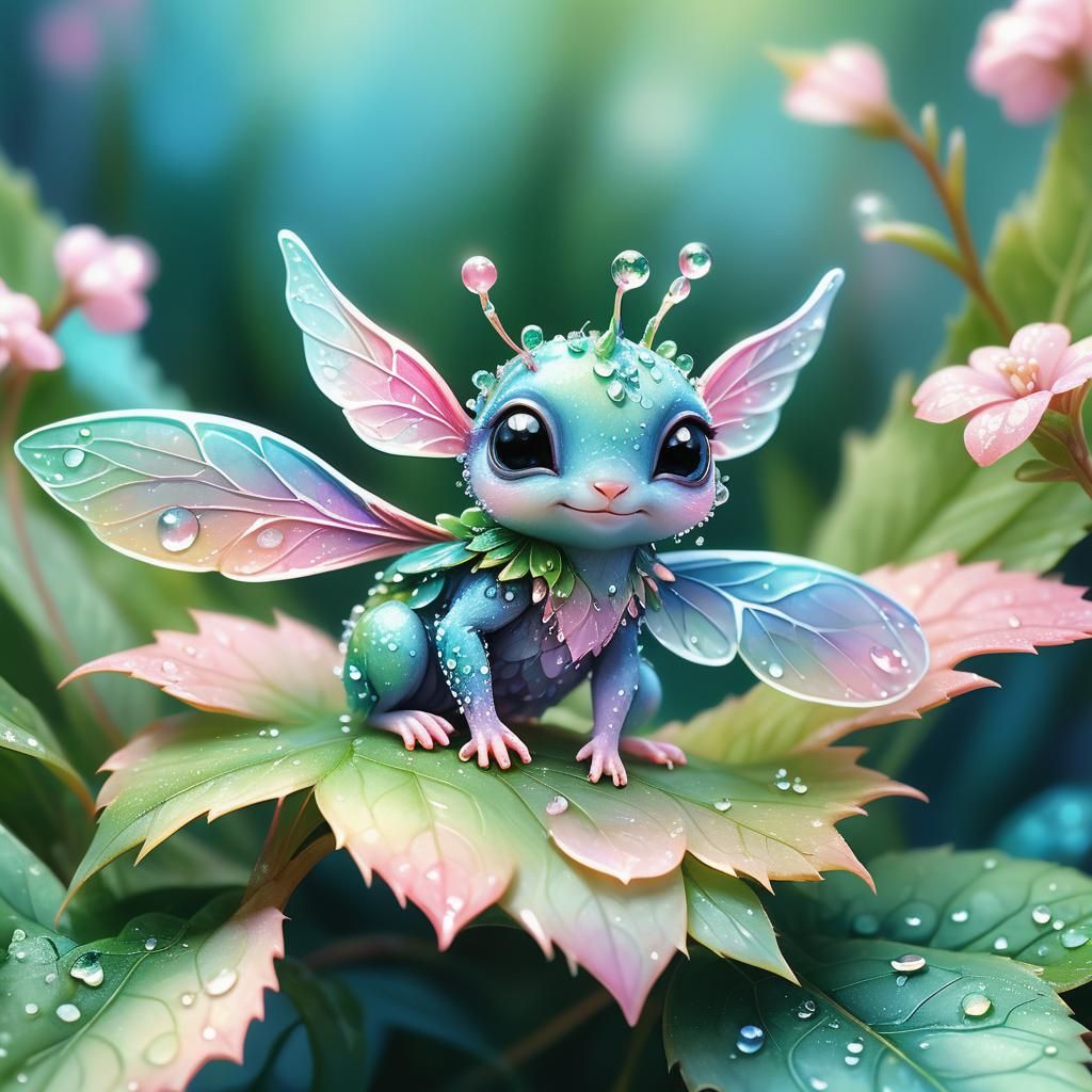 Tiny Creature with Dewdrop: Whimsical Fantasy Art