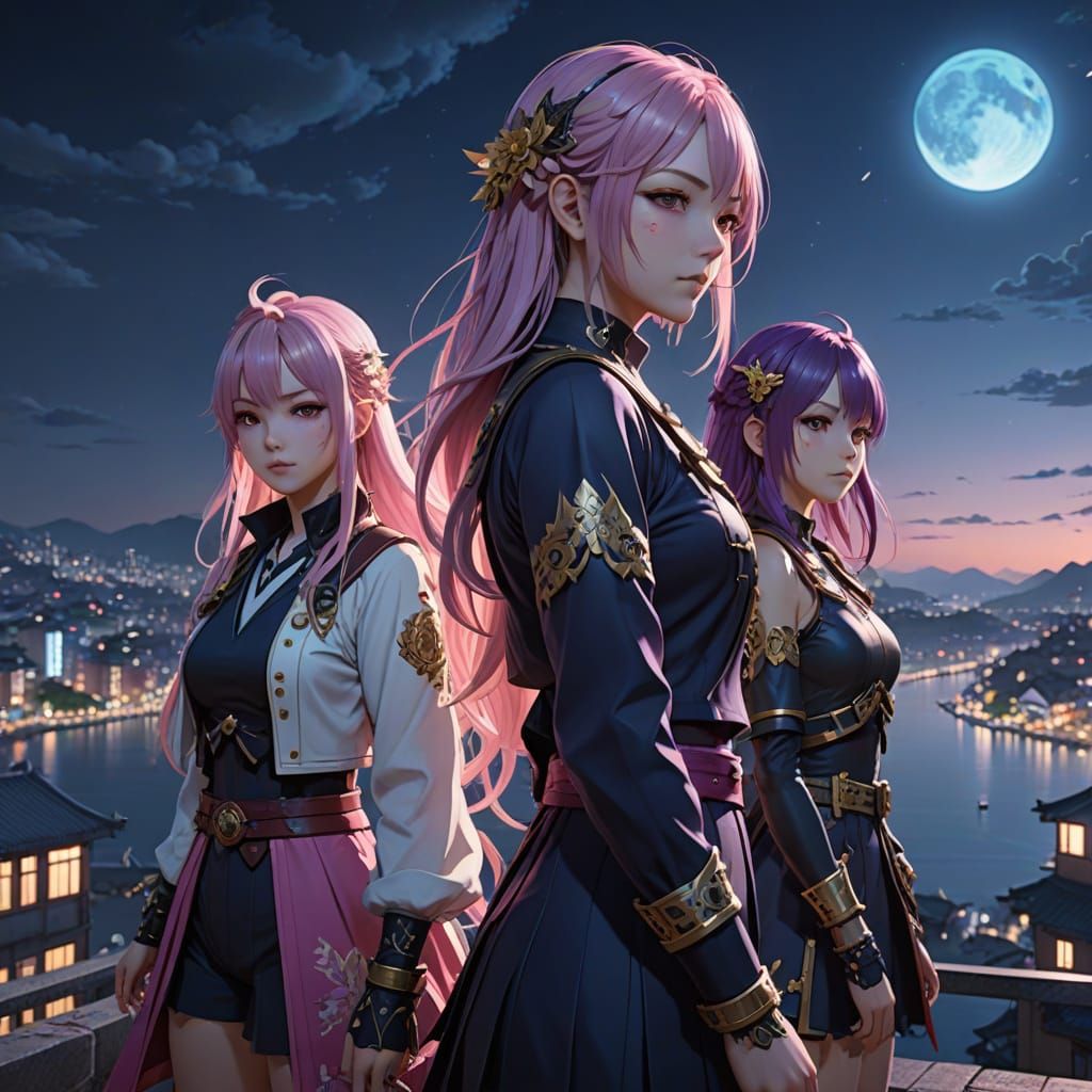 Anime Women on Rooftop Overlooking Neon Coast at Night