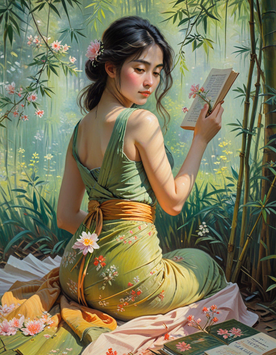 Woman Contemplates in a Bamboo Forest with a Book