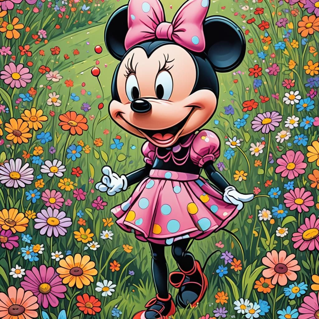 Minnie Mouse with Heart Balloon in Cartoon Style
