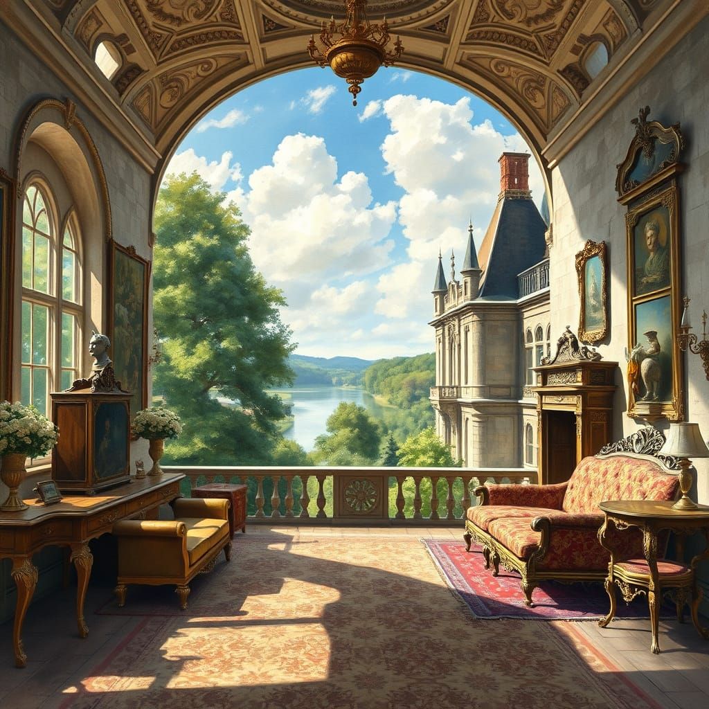 17th Century French Castle in Impressionist Style with Lush ...