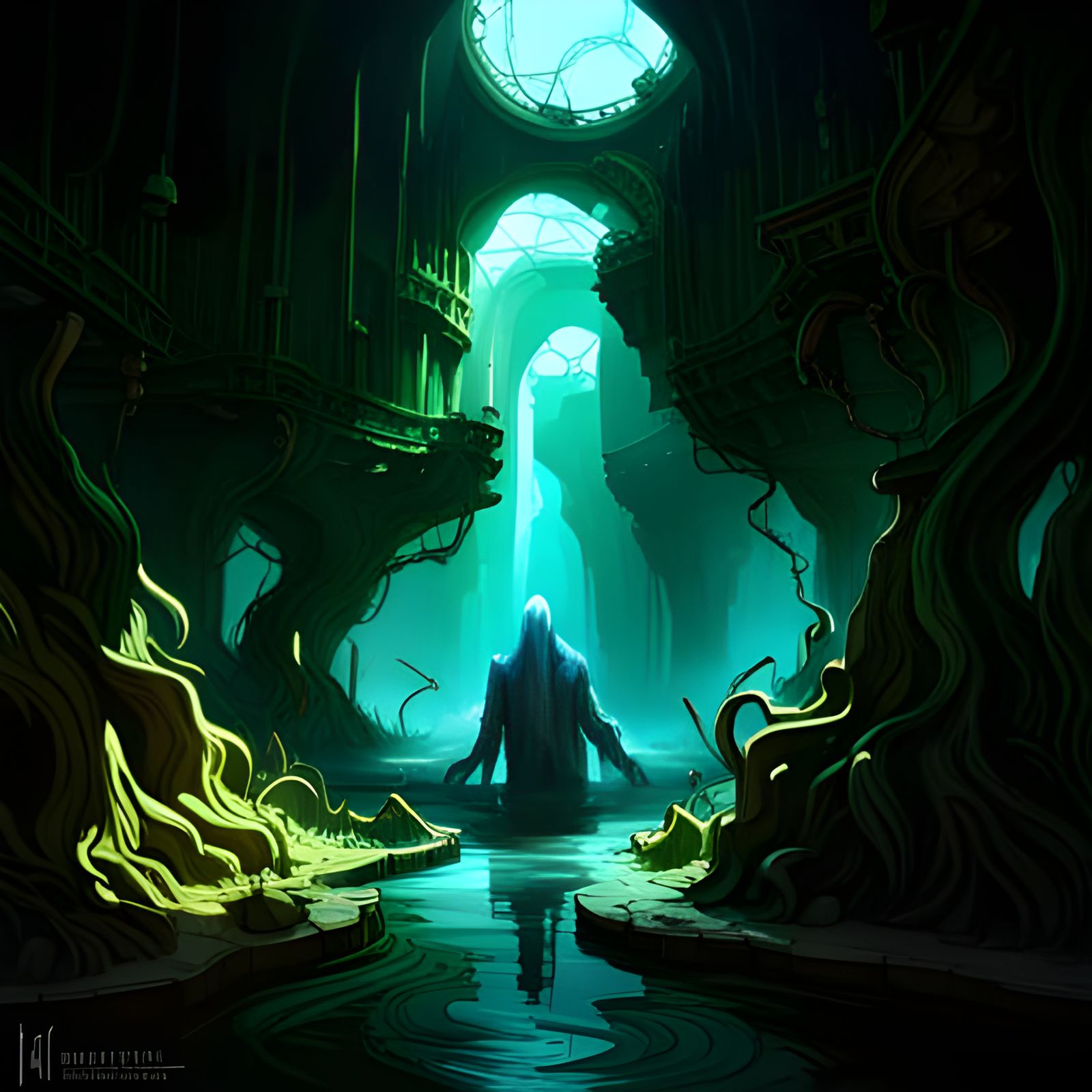 Post-Apocalyptic Wraith in Overgrown Industrial Landscape