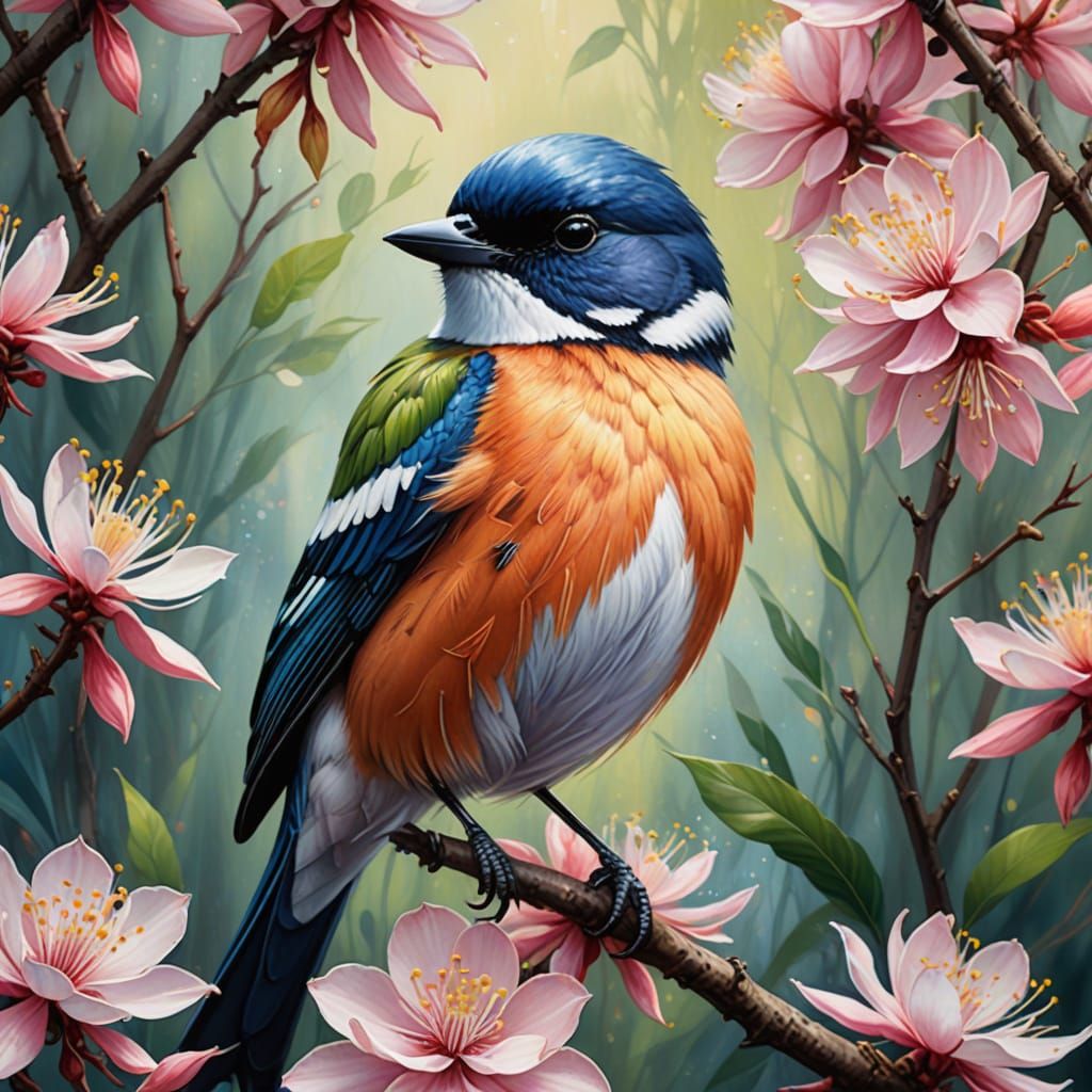 Intricate Blossom Bird Portrait in Digital Watercolor