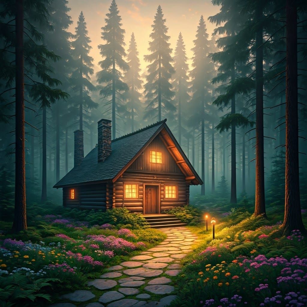 Cozy Wooden Cabin Amidst Majestic Pine Forest at Sunrise