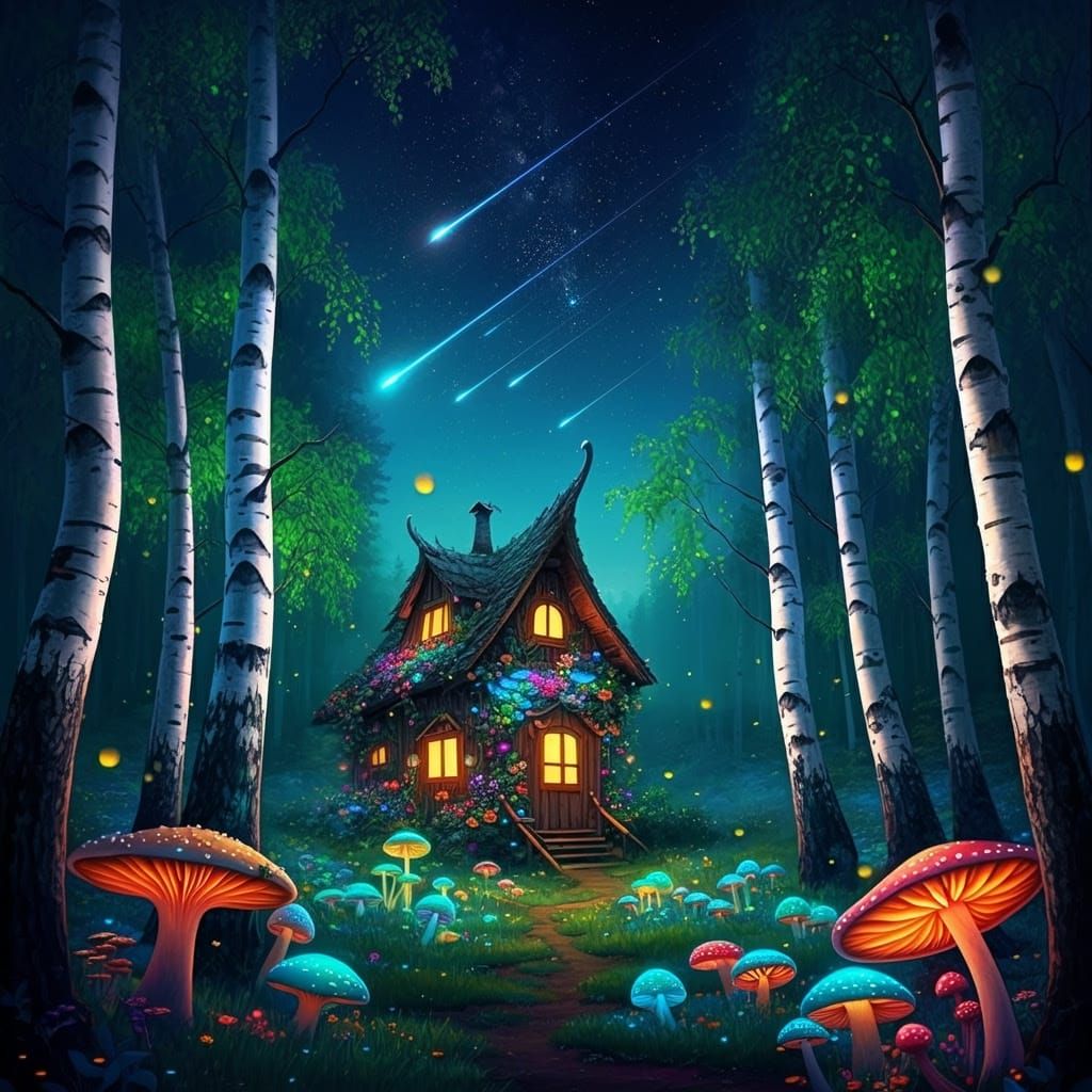 Ethereal Forest of Glowing Mushrooms and Luminous Birch Tree...
