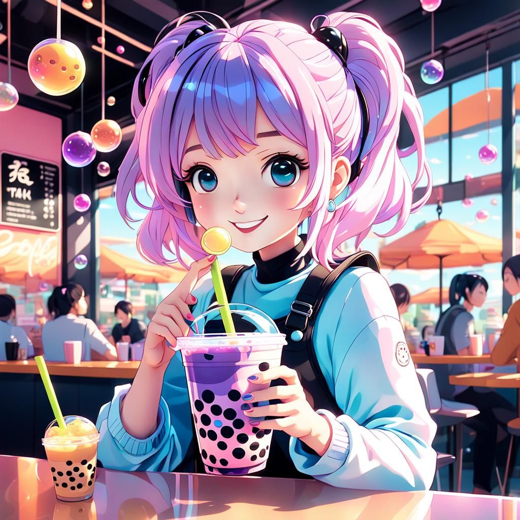 Anime Girl Enjoying Bubble Tea in Cafe