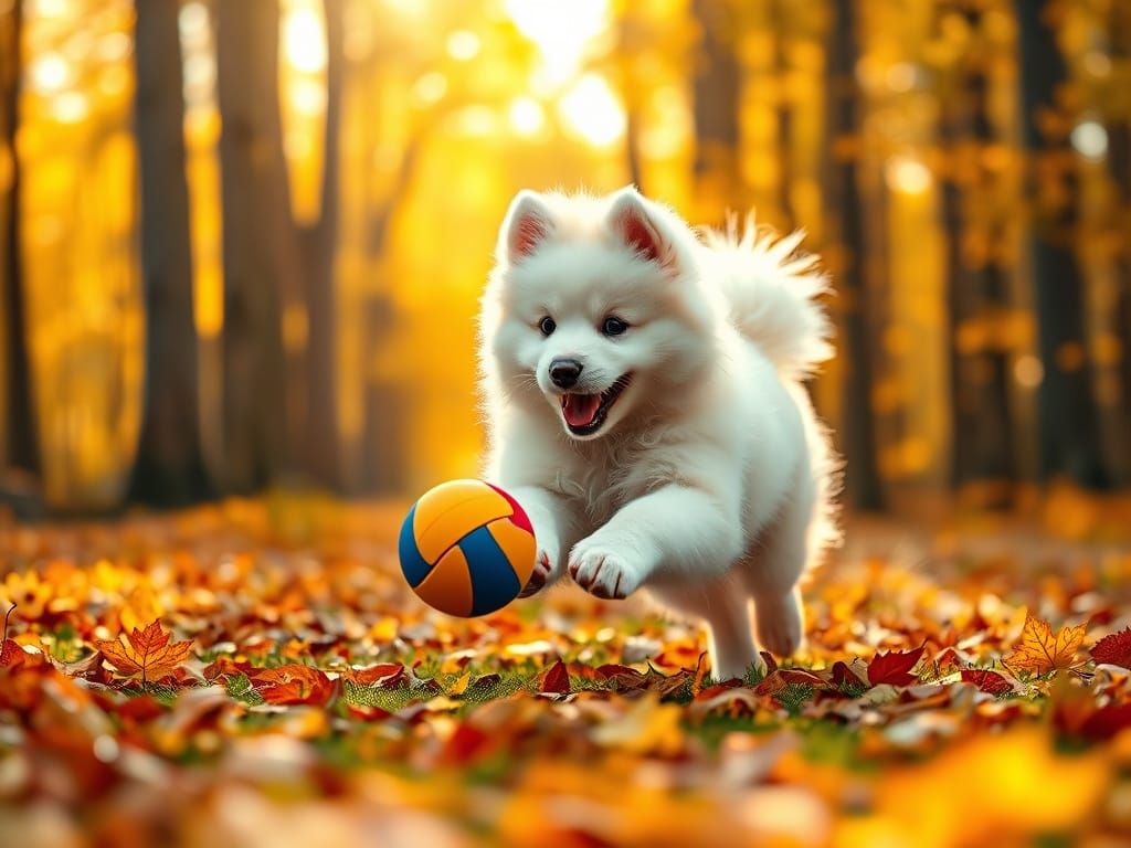 Samoyed Puppy Chasing Ball in Autumn Forest