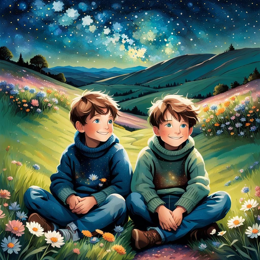 Boys Stargazing on Green Hill in Dreamy Style