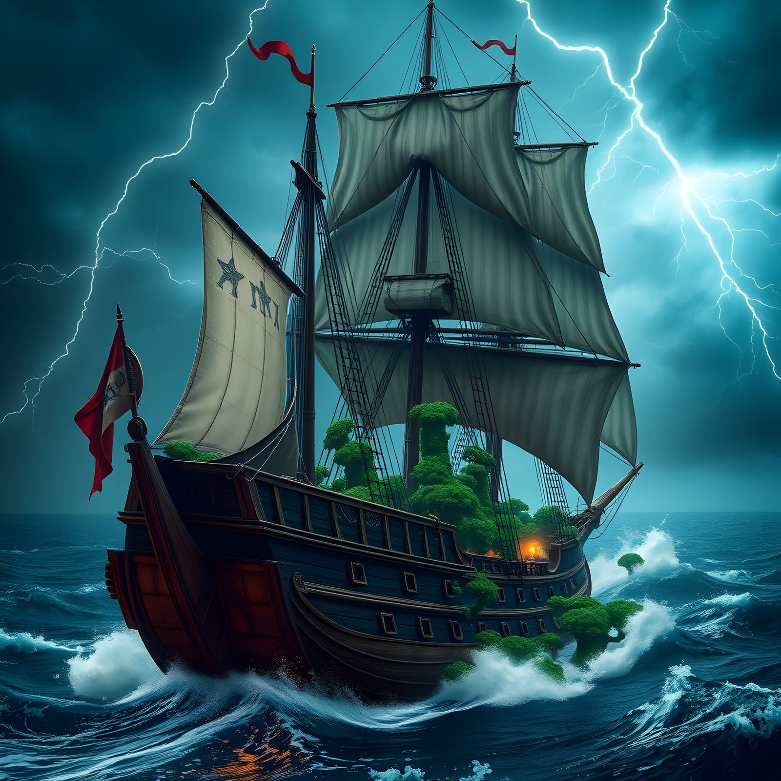 Epic Forest Ship in Ocean Storm, Matte Painting