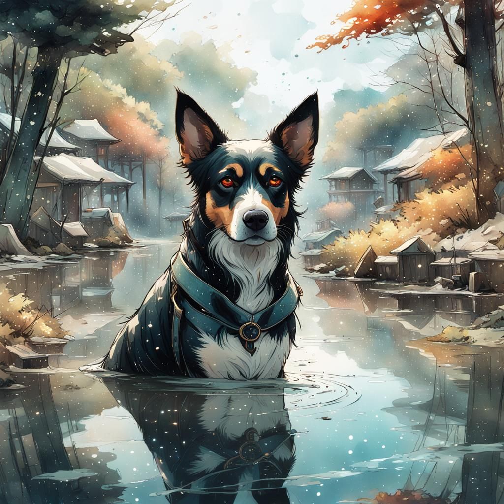 Anime Dog Sanctuary Portrait in Watercolor Style