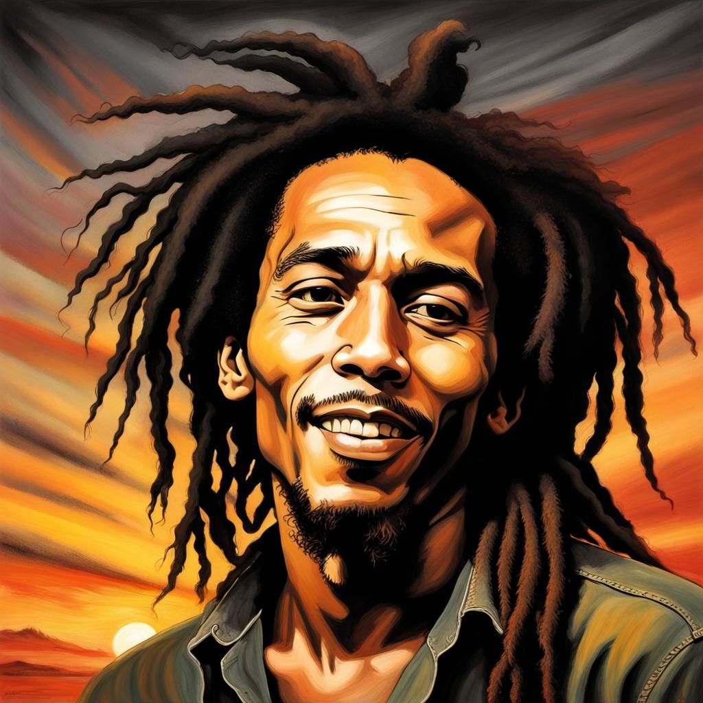 Bob Marley Charcoal Portrait with Sunset Sky