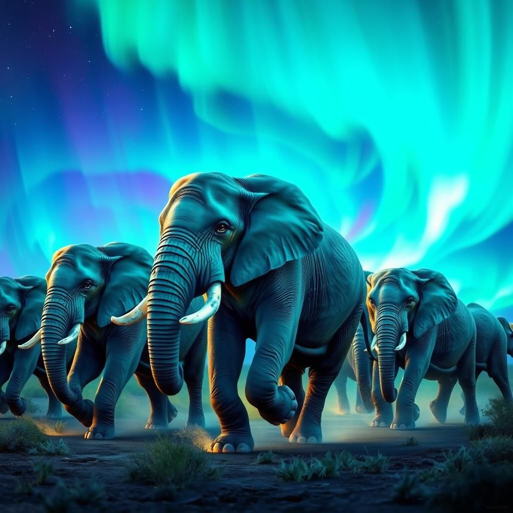 Ethereal Elephants Galloping Under Aurora Borealis
