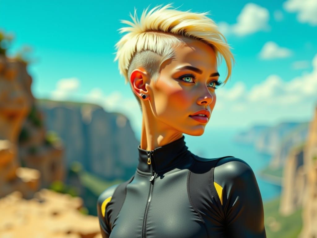 Colombian Runner with Iroquois Haircut Gazes at Cliffs