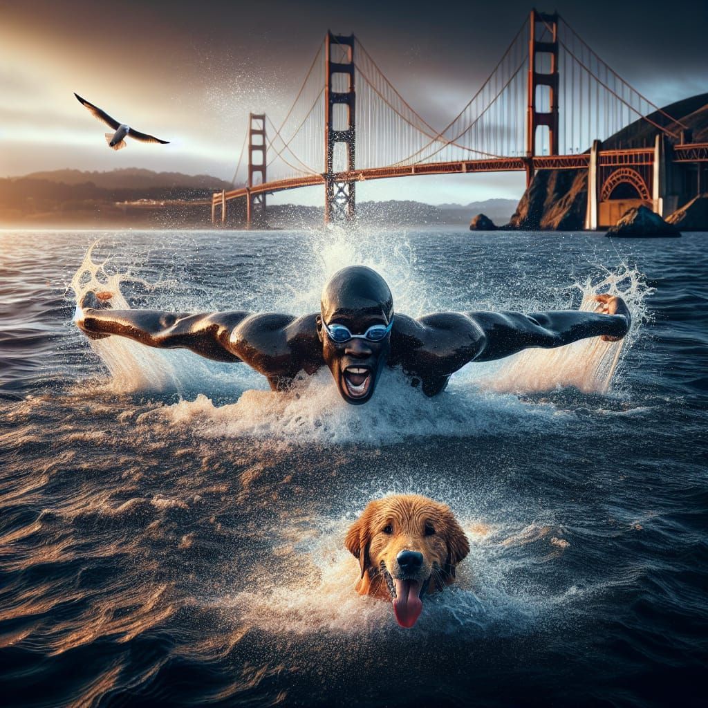 Swimmer and Dog at Golden Gate Bridge