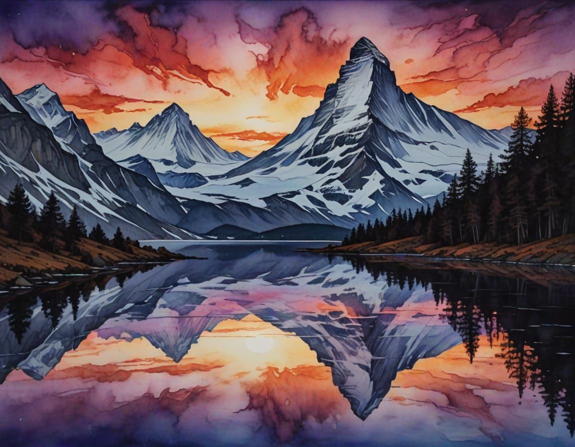 Ethereal Sunset on the Majestic Matterhorn in Watercolor and...