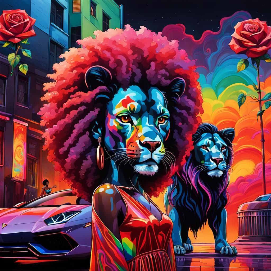 Vibrant Street Art: Girl, Lion, and Lamborghini