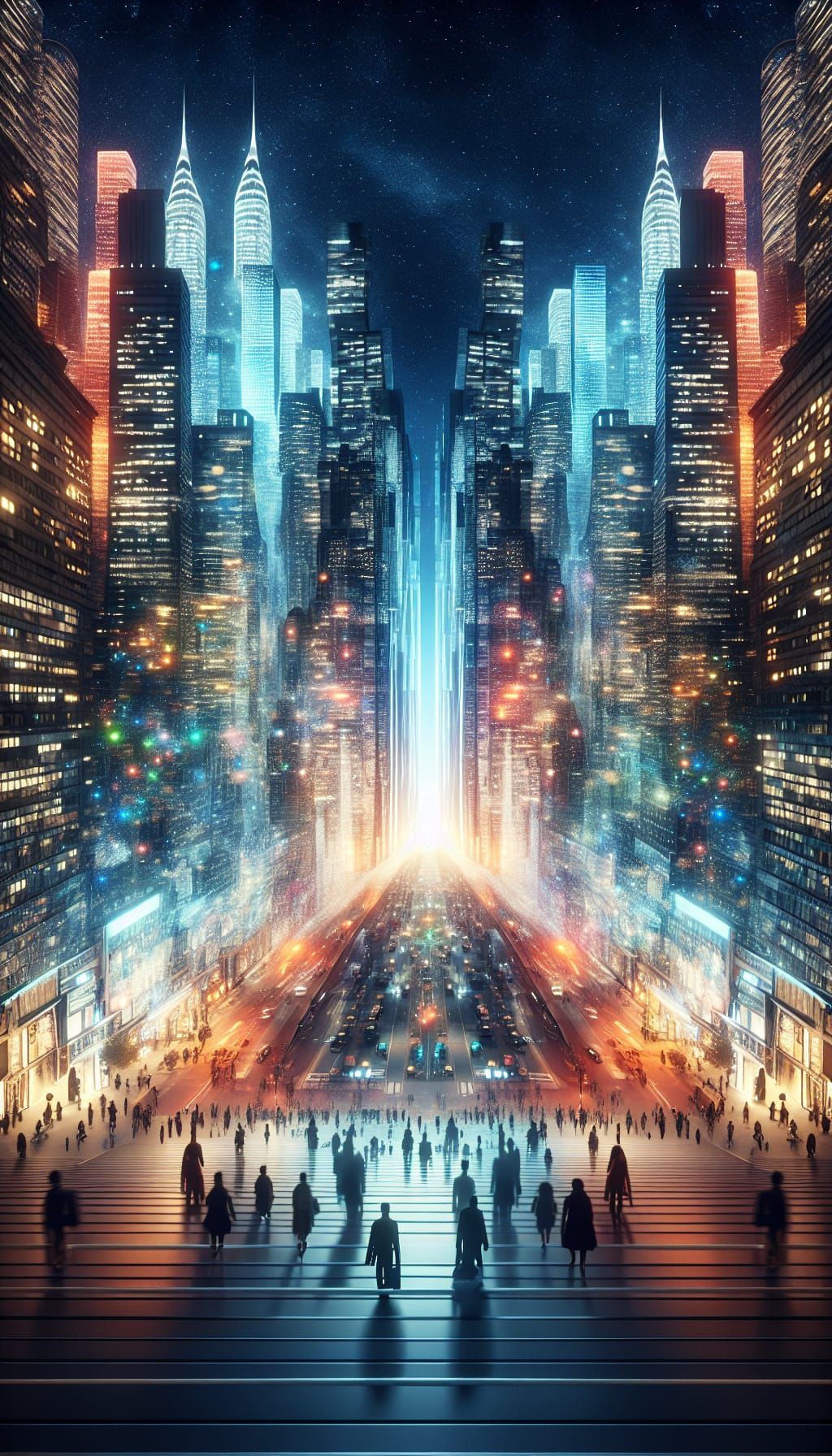 Parallel Cityscapes Connected by Shimmering Dimensional Port...