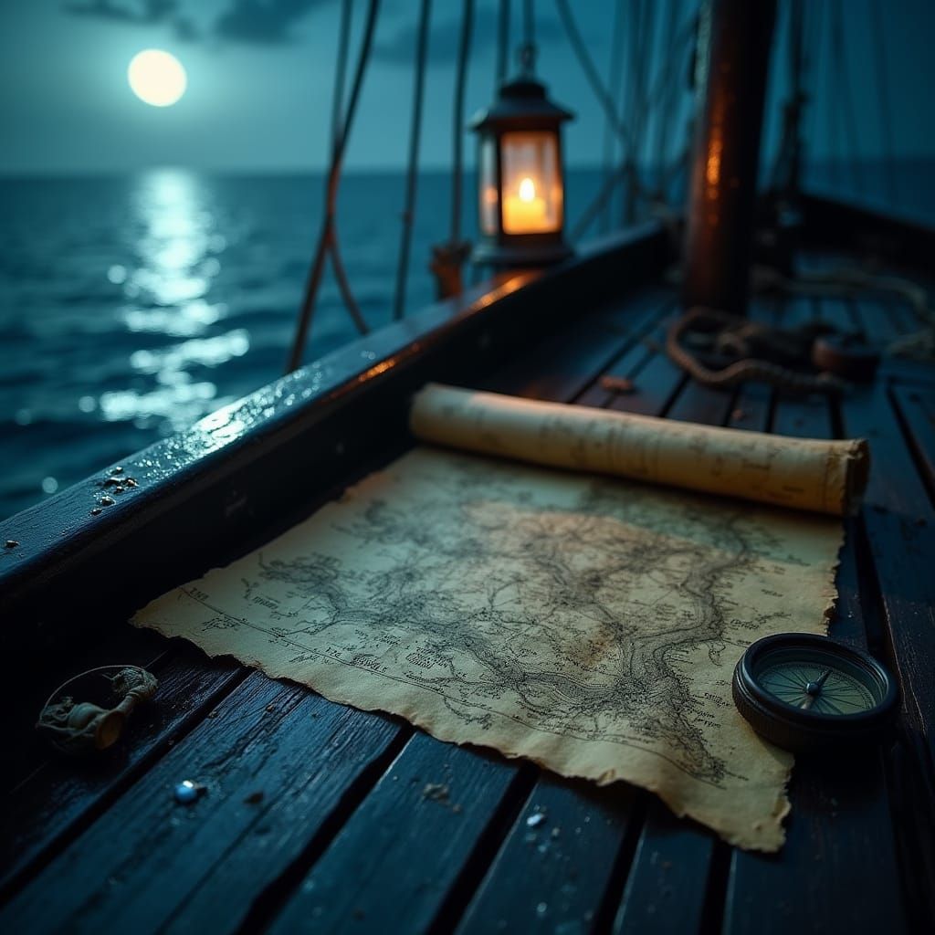 Ancient Treasure Map on Moonlit Ship Deck