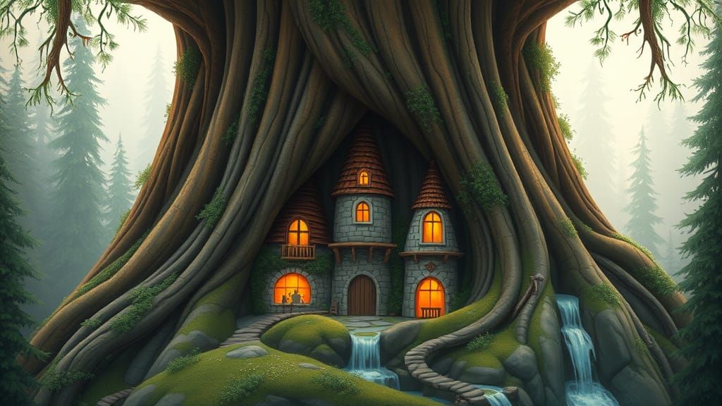 Miniature Castle in Sequoia Tree, Storybook Illustration