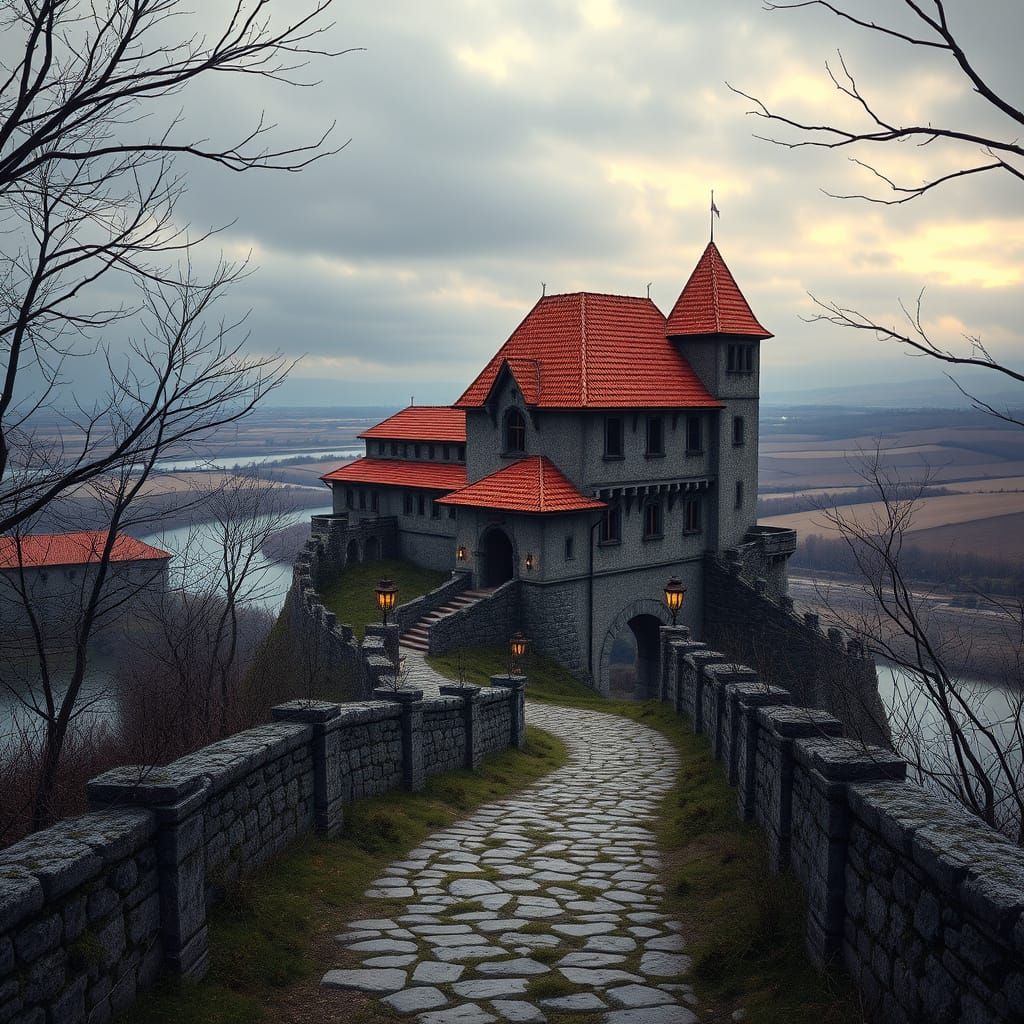 Medieval Keep Beside a Serene River in Terra Cotta and Weath...