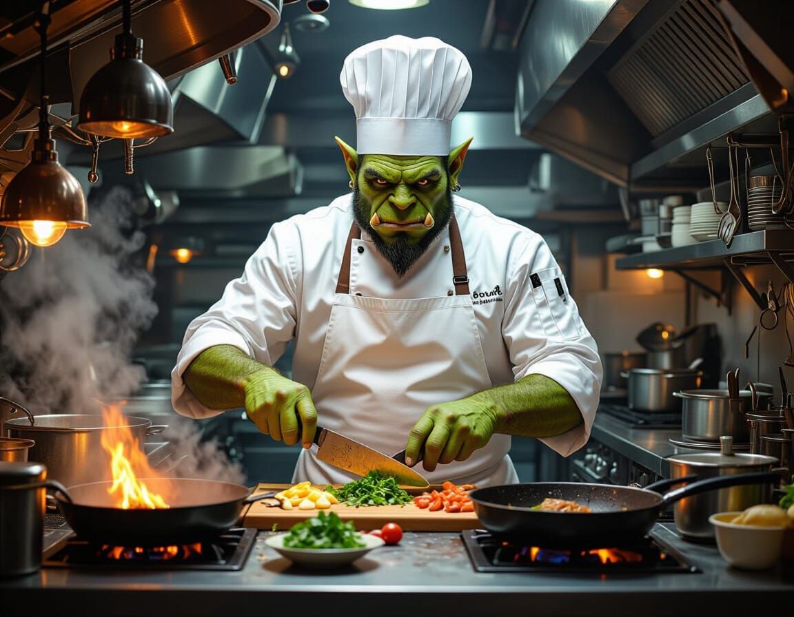 Orc Gourmet Chef in Bustling Kitchen
