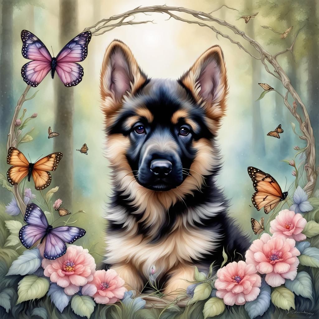 Fuzzy German Shepherd Puppy in Fantasy Portrait