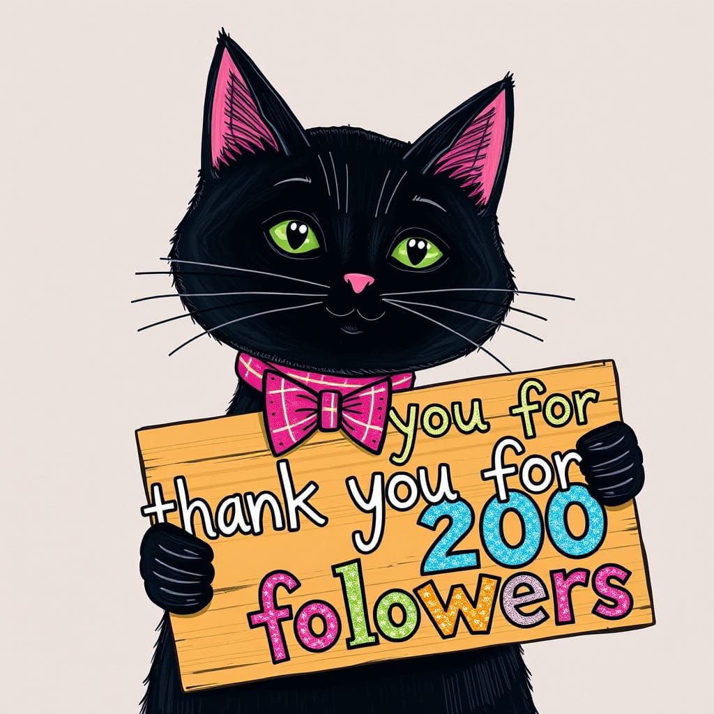 Cute Black Cat Thanks Followers with Sign