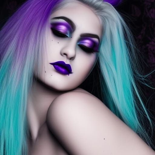Ethereal gothic Young lady with fluorescent purple hair and purple eyes and purple eyeshadow and Black eyeliner and shim...