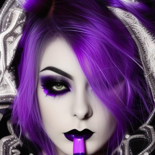 Ethereal gothic Young lady with fluorescent purple hair and purple eyes and purple eyeshadow and Black eyeliner and shim...