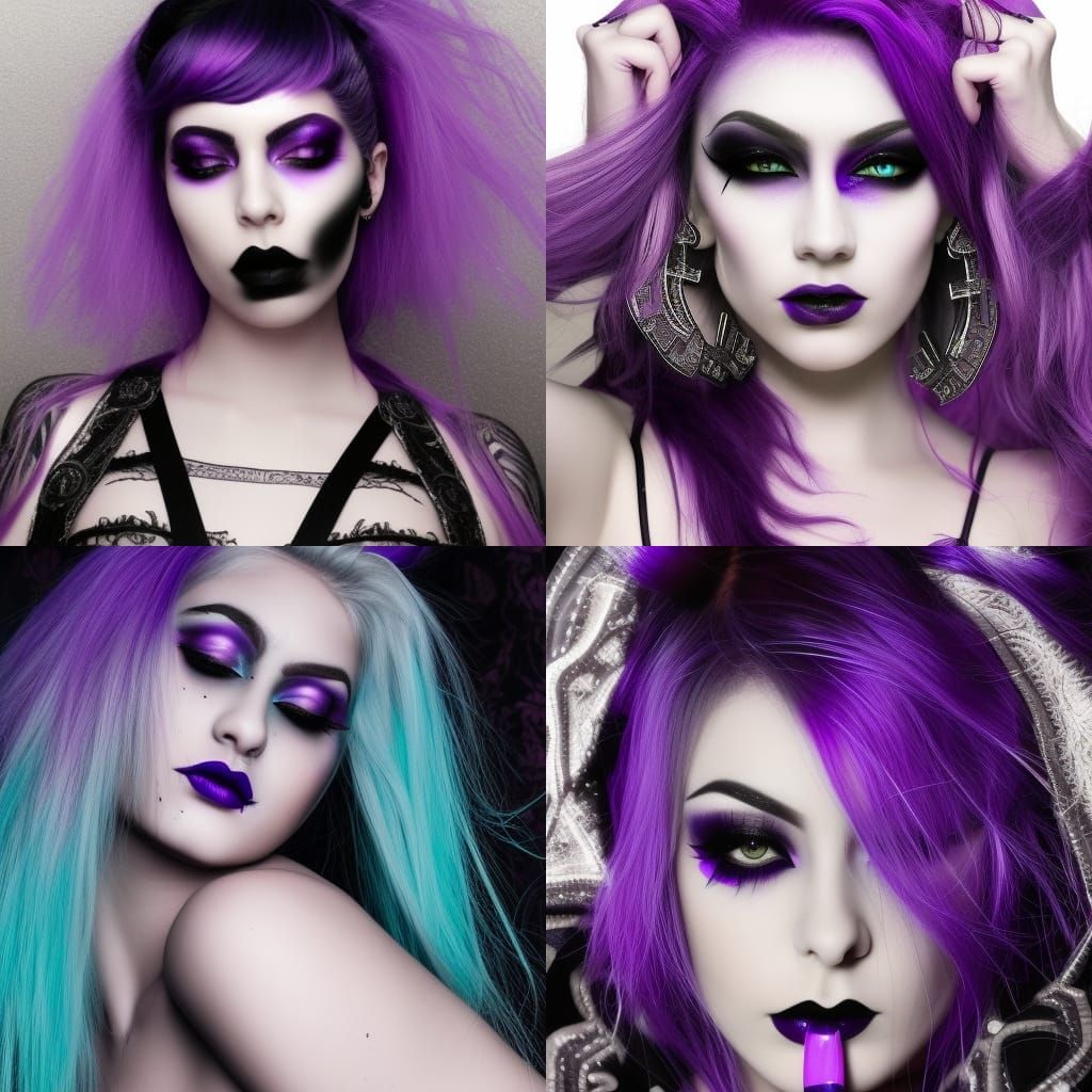 Ethereal gothic Young lady with fluorescent purple hair and purple eyes and purple eyeshadow and Black eyeliner and shim...