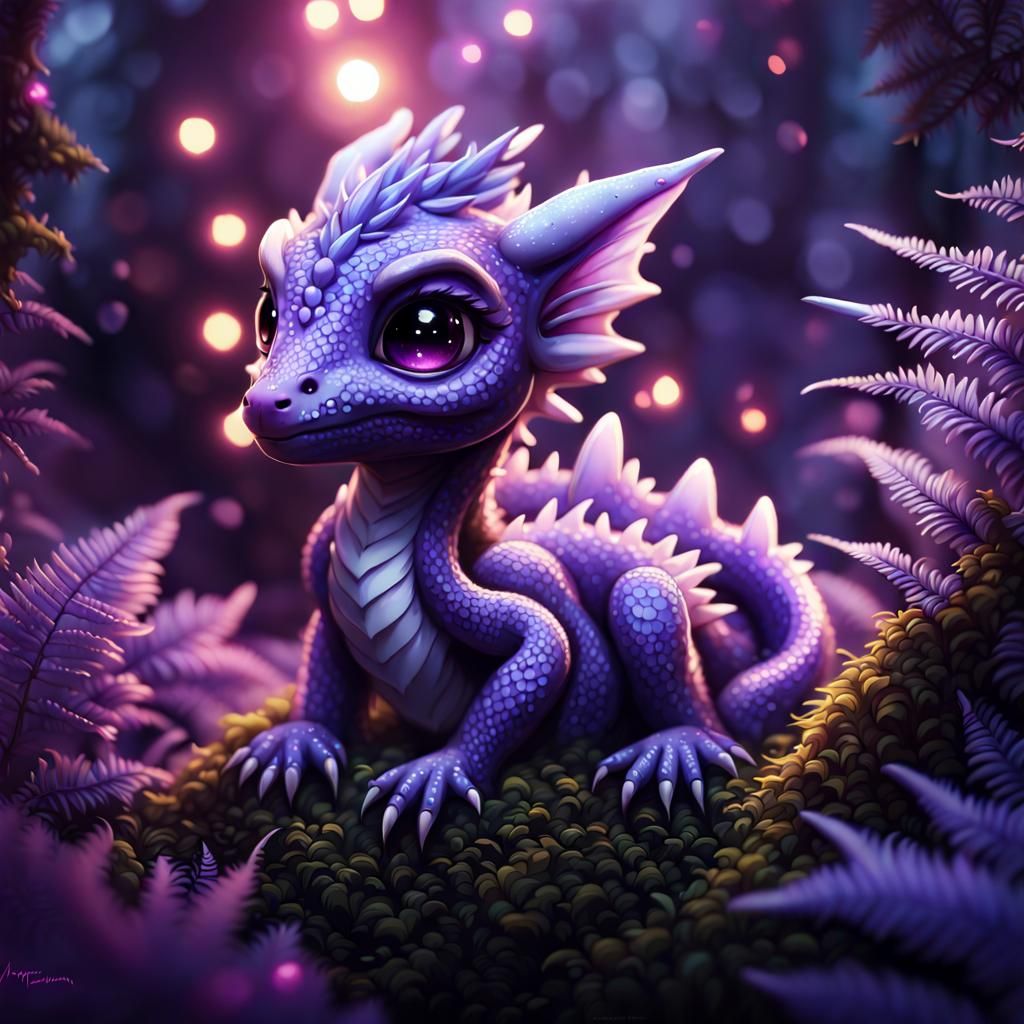 Adorable Chibi Dragon in Mystical Fern Nest