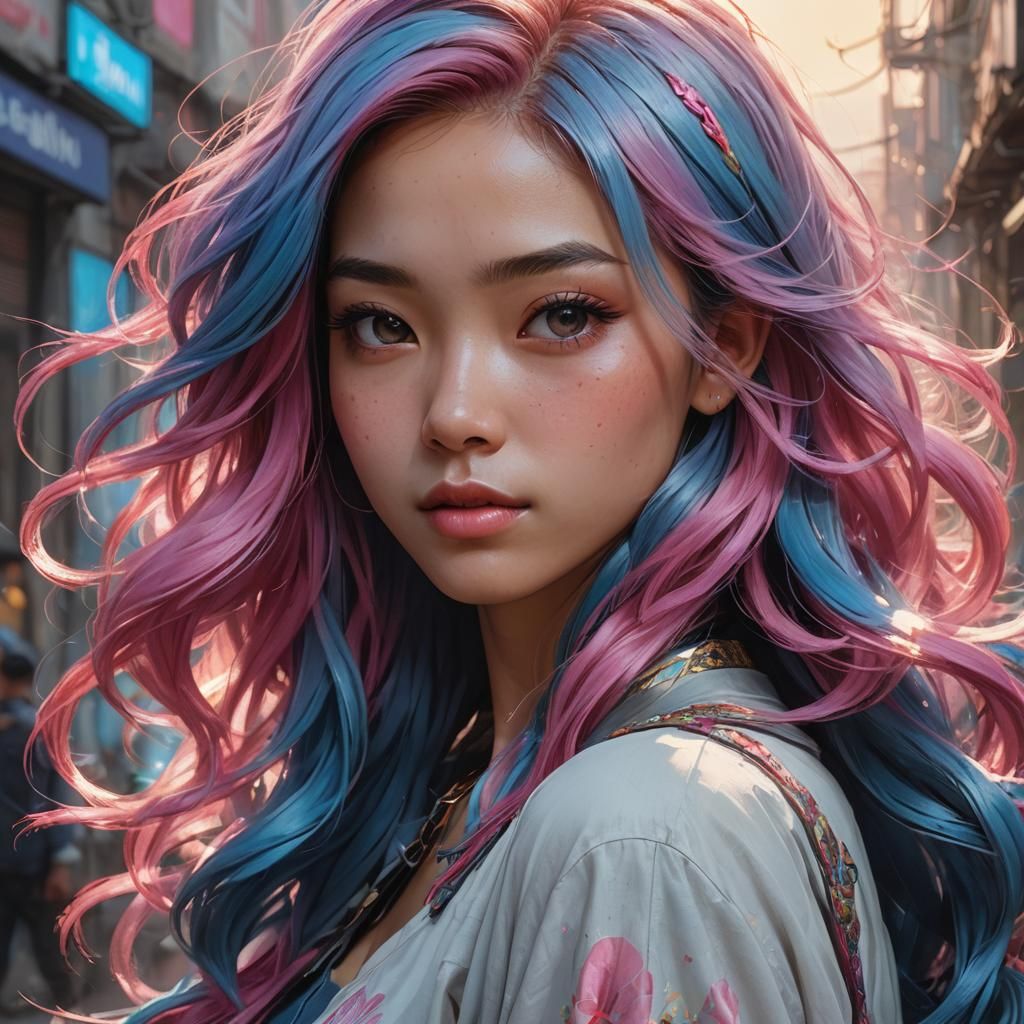 Vietnamese Girl with Pink and Blue Hair in Dynamic Lighting