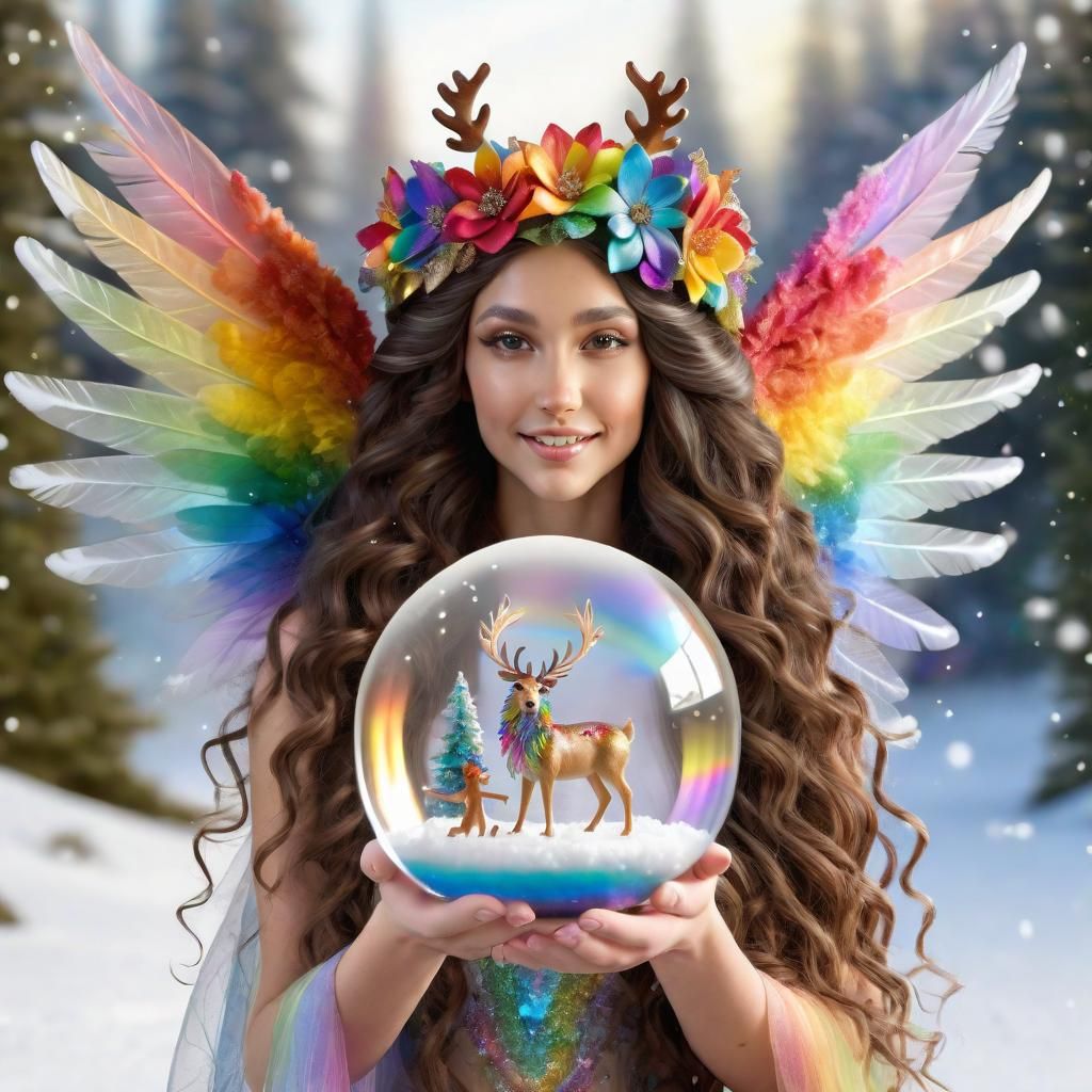 Fairy with Rainbow Wings and Winter Snow Globe