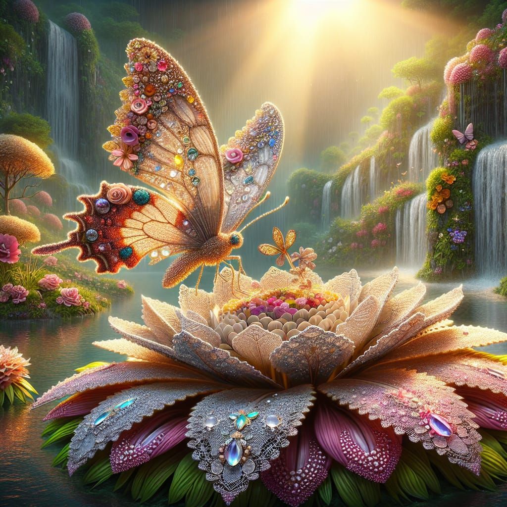 Jeweled Butterfly on Lace Flower, Romanticism Style