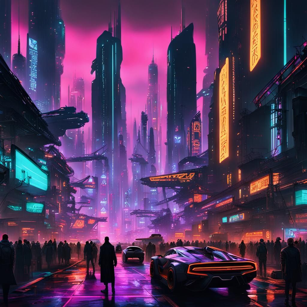 Futuristic Cyberpunk Cityscape with Flying Cars and Neon Lig...